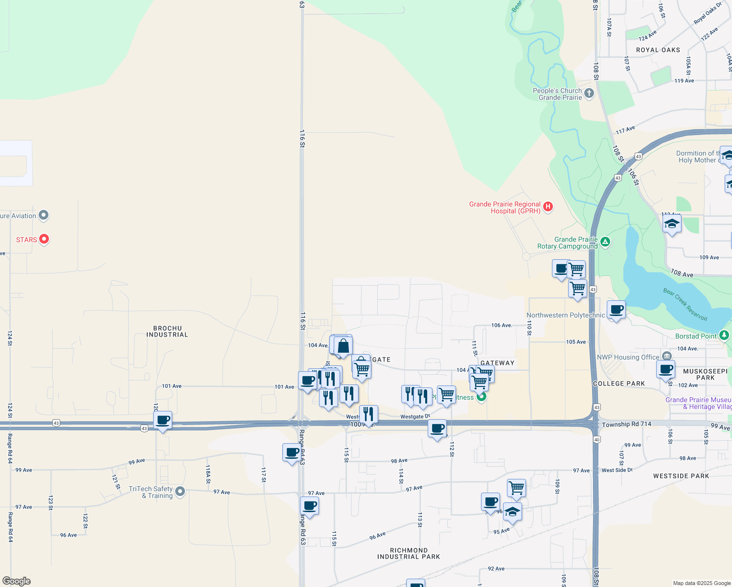 map of restaurants, bars, coffee shops, grocery stores, and more near 10615 114c Street in Grande Prairie