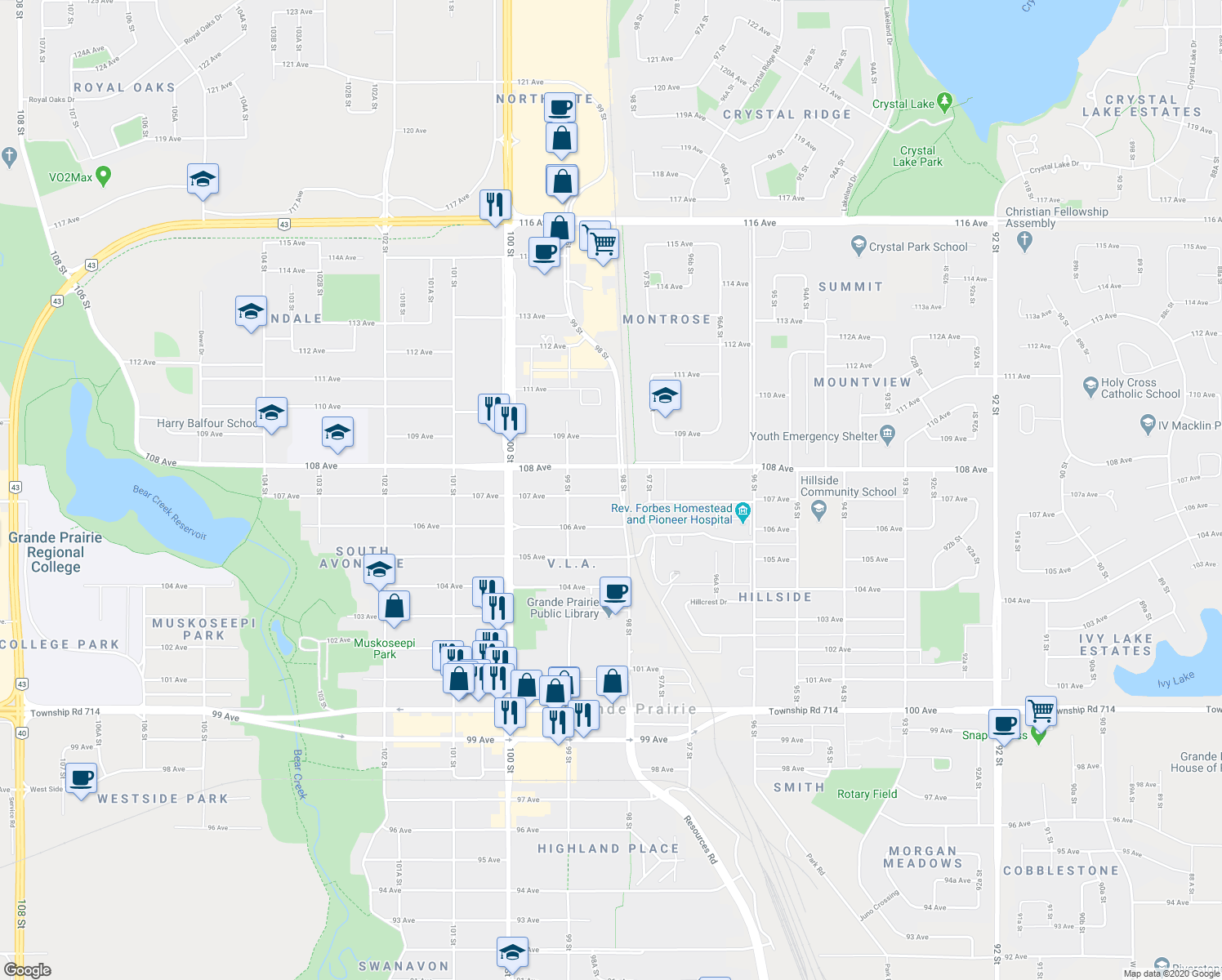 map of restaurants, bars, coffee shops, grocery stores, and more near 9806 107 Avenue in Grande Prairie