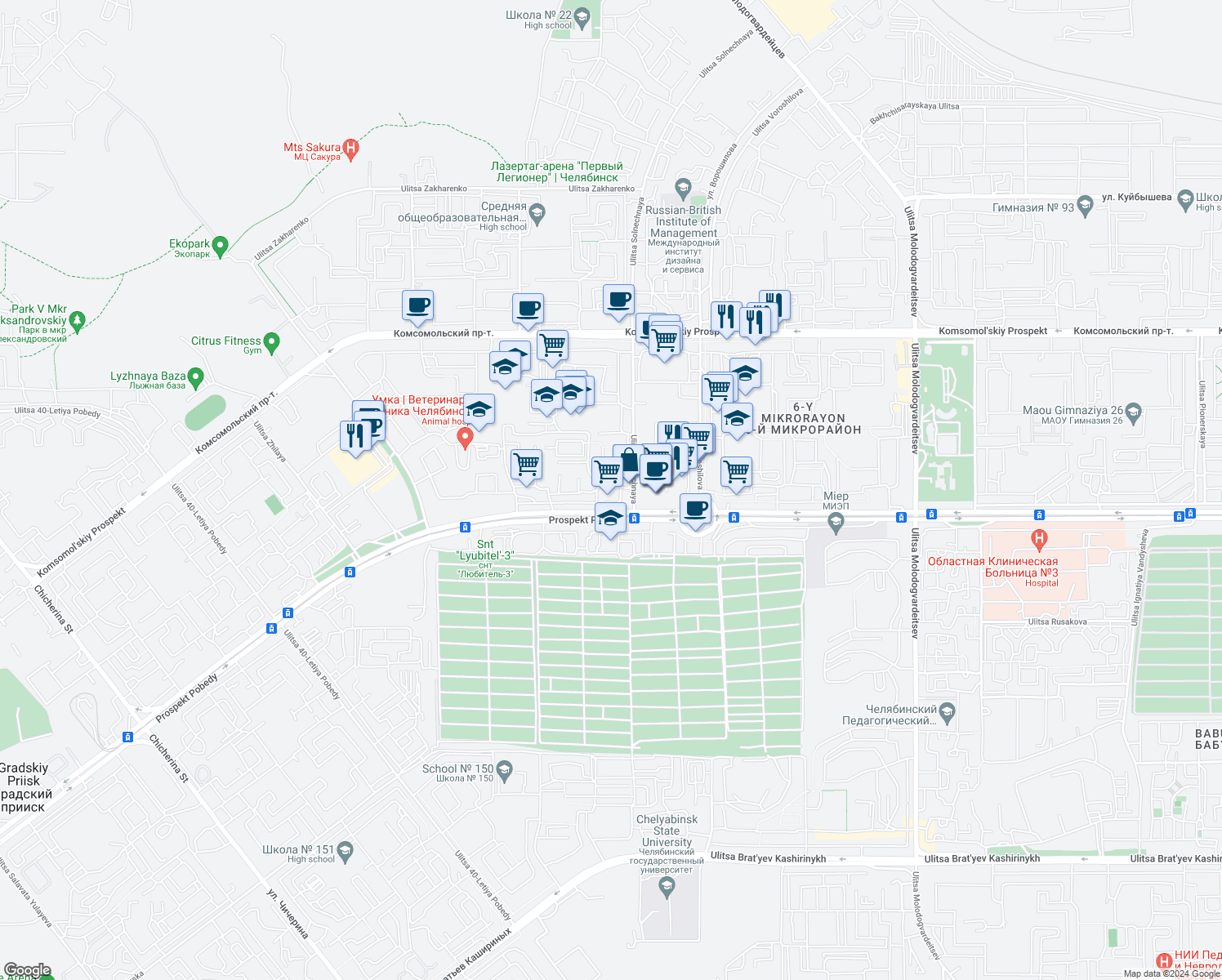 map of restaurants, bars, coffee shops, grocery stores, and more near 354 Prospekt Pobedy in Chelyabinsk