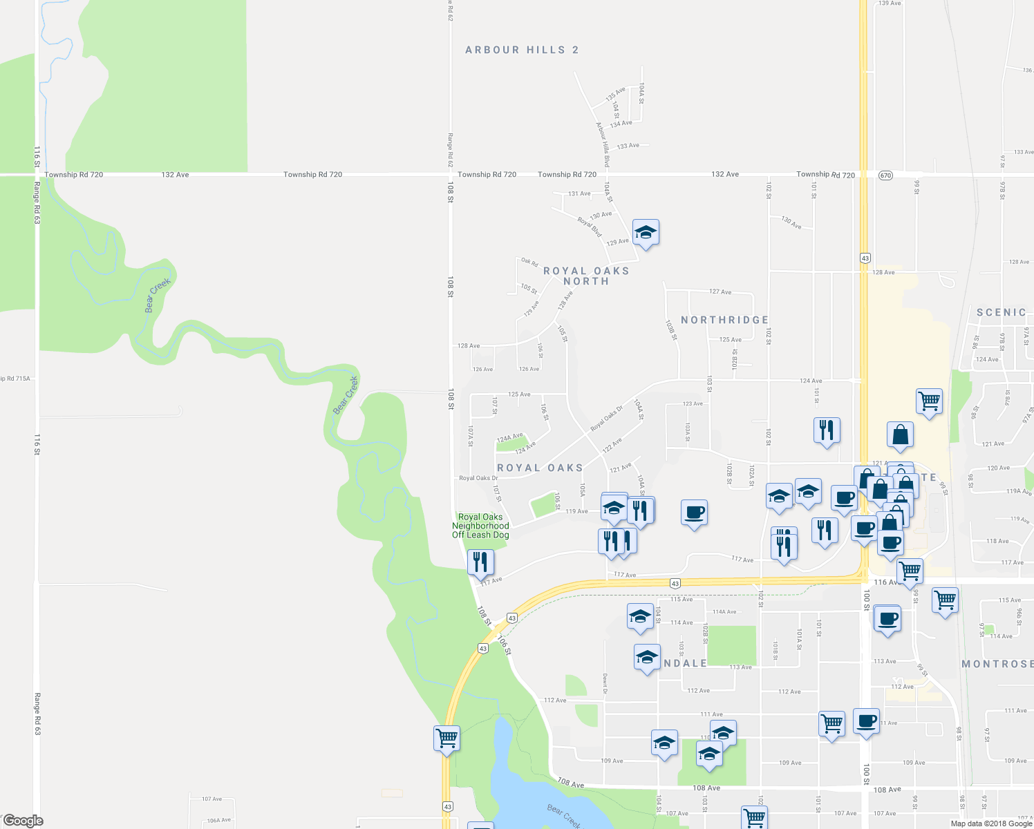 map of restaurants, bars, coffee shops, grocery stores, and more near 12418 106A Street in Grande Prairie