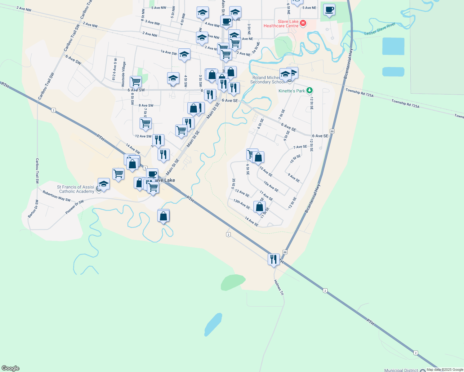 map of restaurants, bars, coffee shops, grocery stores, and more near 1112 5 Street Southeast in Slave Lake