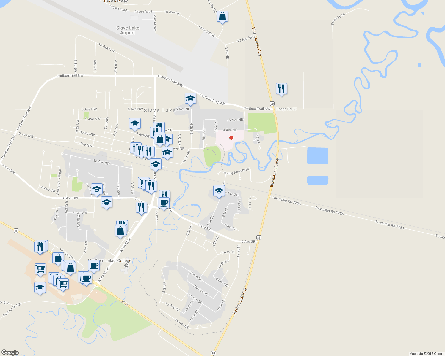 map of restaurants, bars, coffee shops, grocery stores, and more near 100 7 Street in Slave Lake