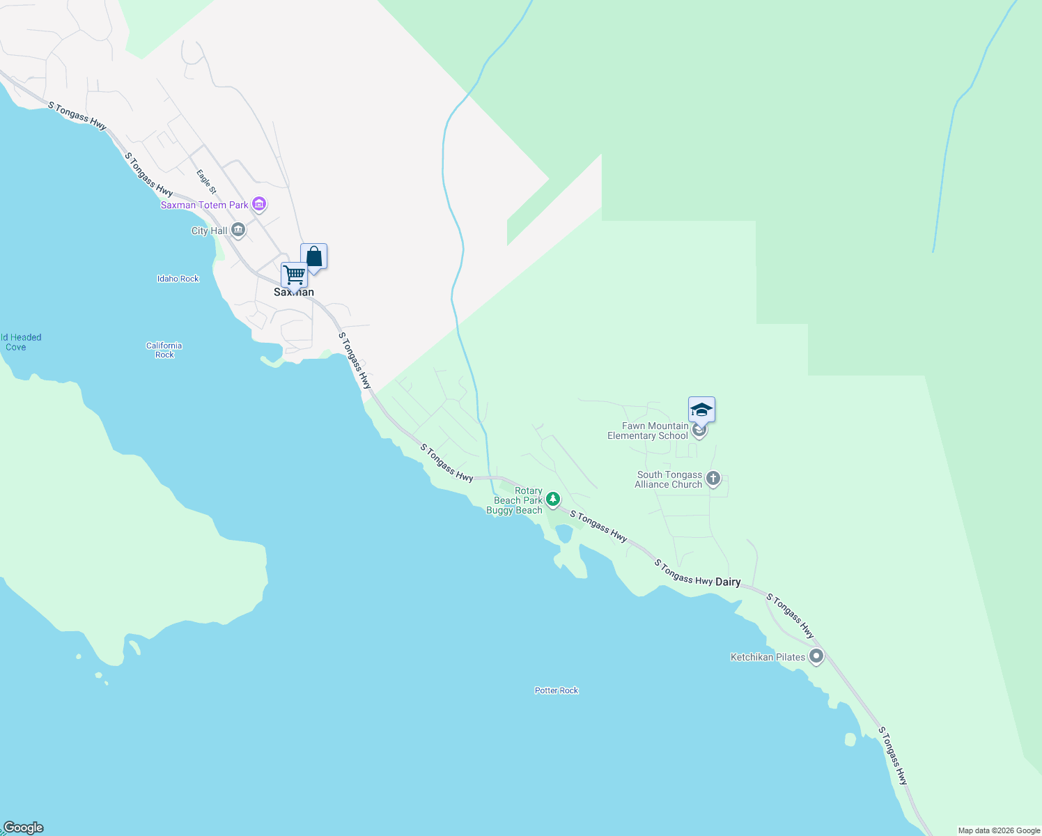 map of restaurants, bars, coffee shops, grocery stores, and more near 65 Nugget Lane in Ketchikan