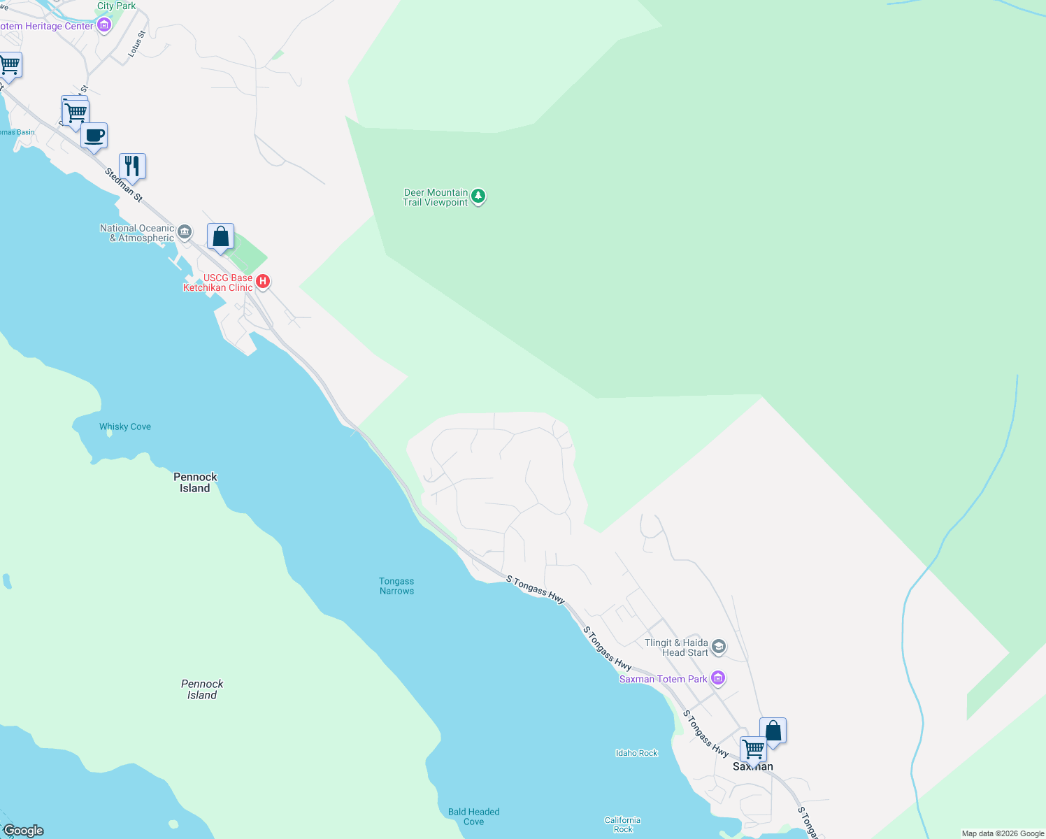 map of restaurants, bars, coffee shops, grocery stores, and more near 610 Forest Park Dr in Ketchikan
