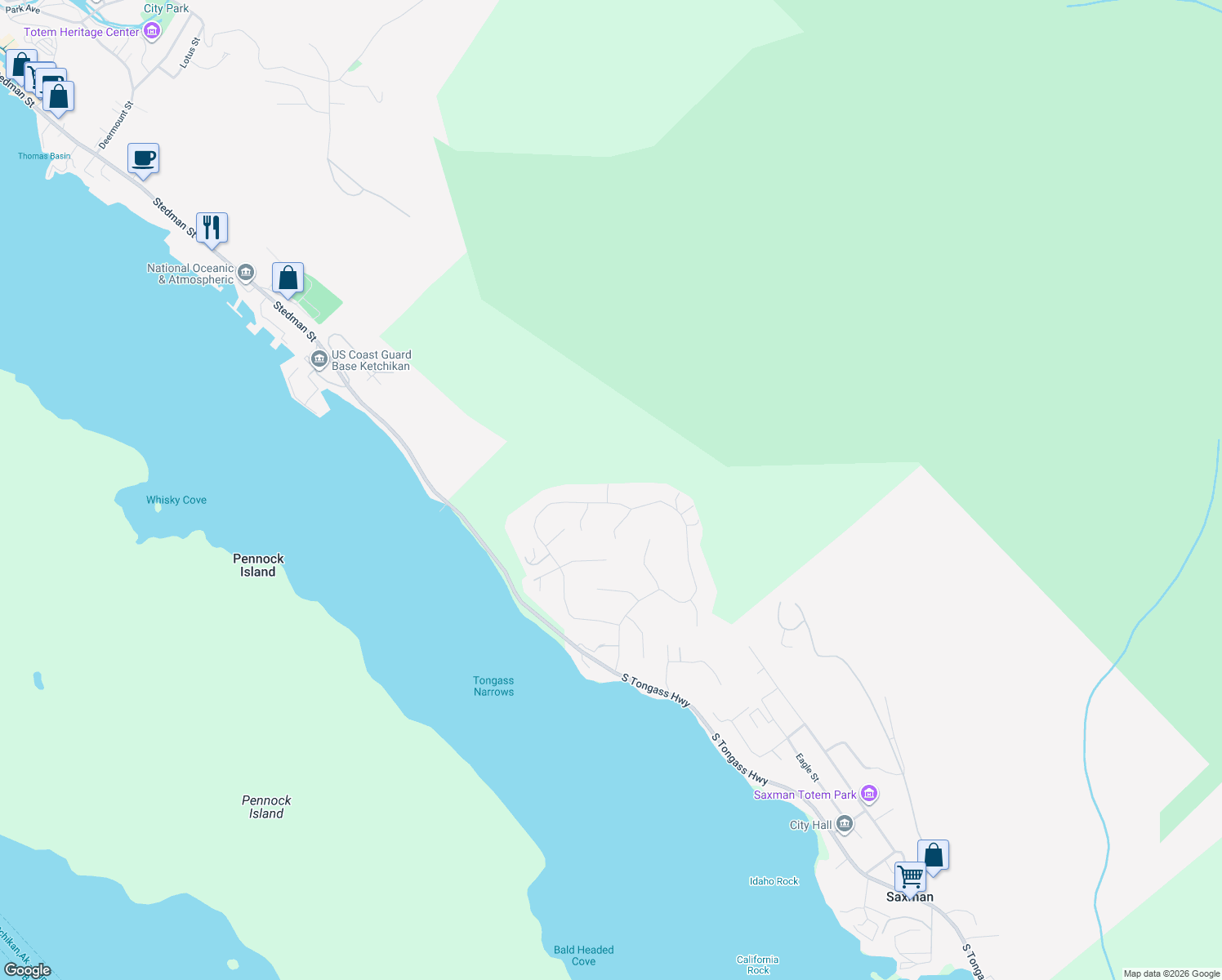 map of restaurants, bars, coffee shops, grocery stores, and more near 636 Forest Park Drive in Ketchikan