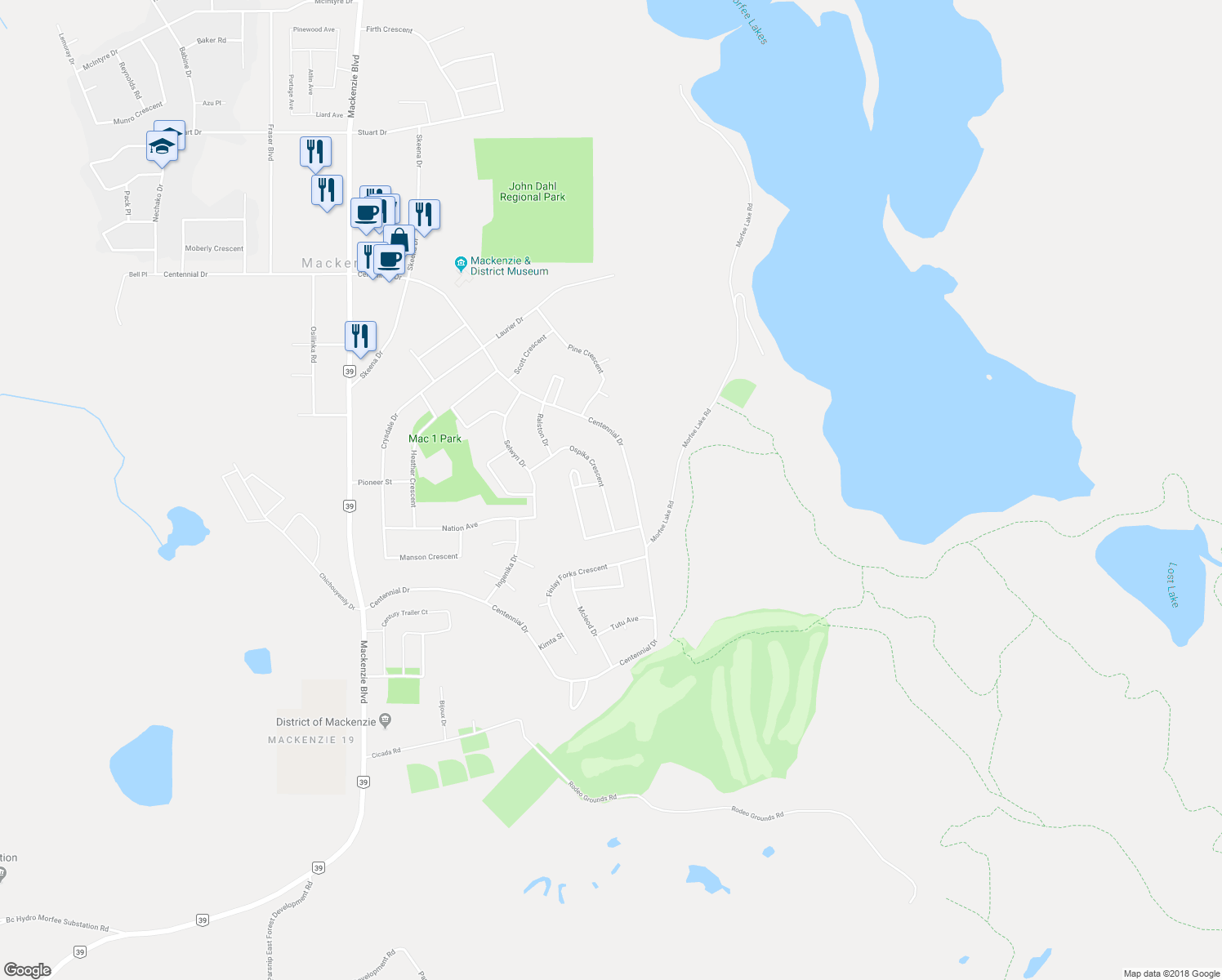map of restaurants, bars, coffee shops, grocery stores, and more near 36 Ospika Crescent in Mackenzie