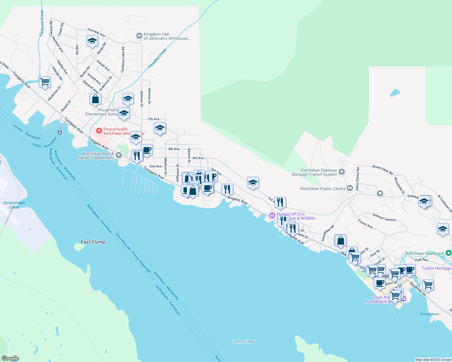map of restaurants, bars, coffee shops, grocery stores, and more near 225 White Cliff Ave in Ketchikan