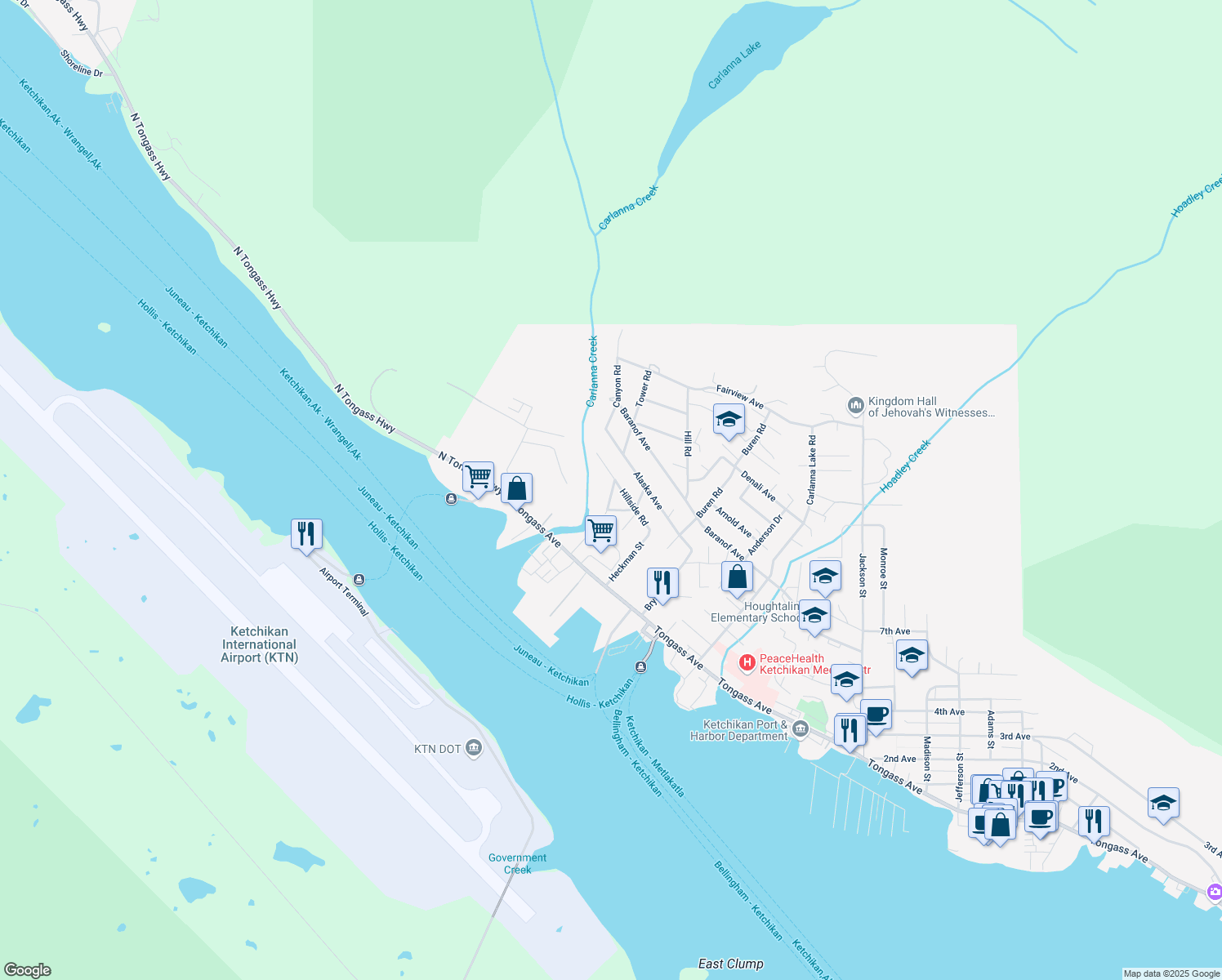 map of restaurants, bars, coffee shops, grocery stores, and more near 245 Tower Road in Ketchikan