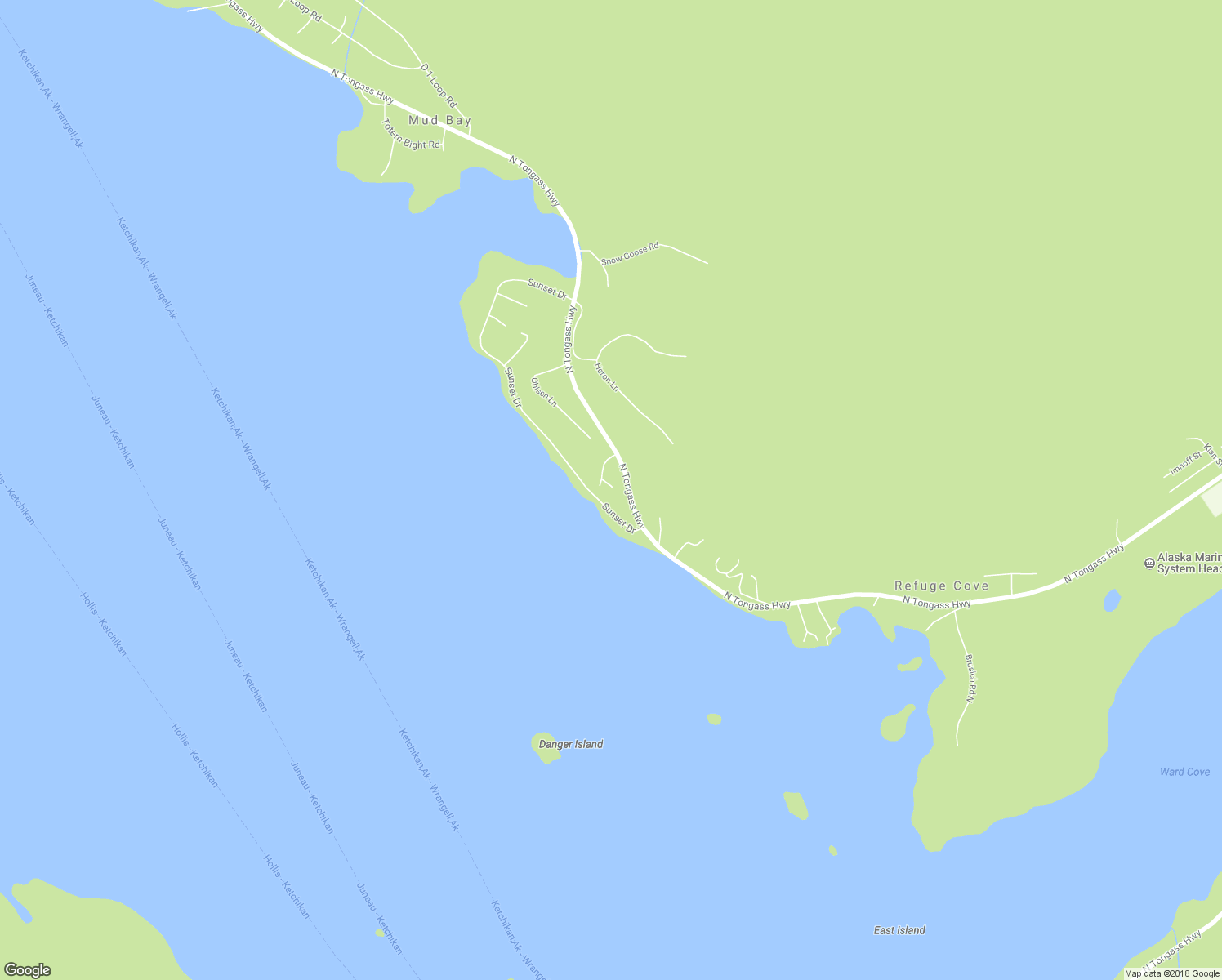 map of restaurants, bars, coffee shops, grocery stores, and more near 95 Sunrise Lane in Ketchikan