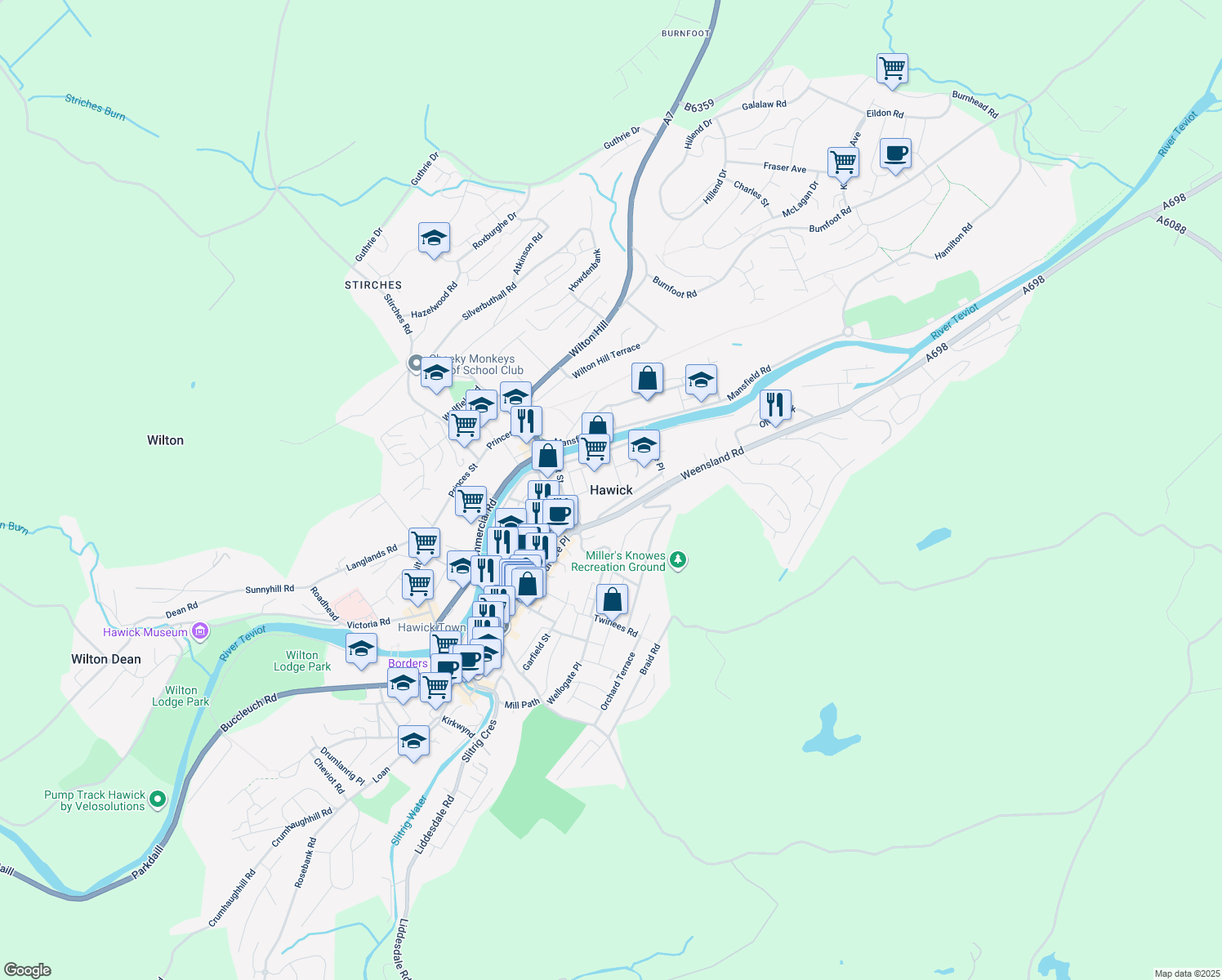map of restaurants, bars, coffee shops, grocery stores, and more near in Hawick