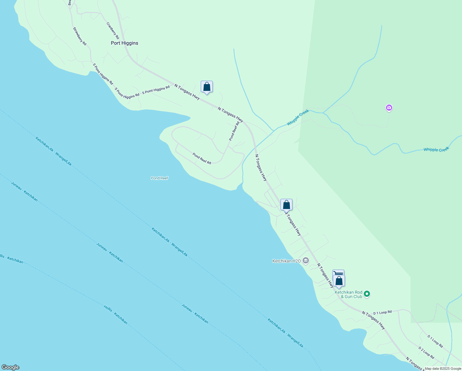 map of restaurants, bars, coffee shops, grocery stores, and more near 1211 Pond Reef Road in Ketchikan