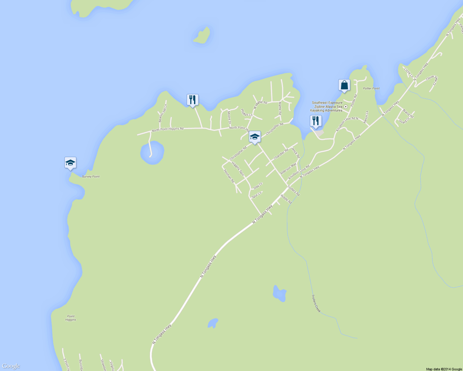 map of restaurants, bars, coffee shops, grocery stores, and more near 249 Yeoman Road in Ketchikan