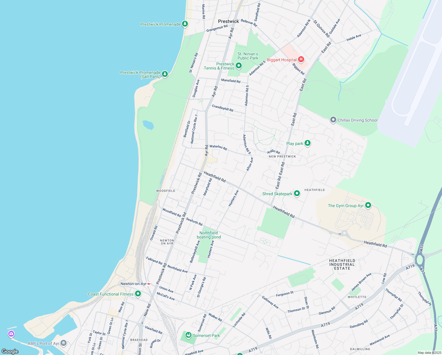 map of restaurants, bars, coffee shops, grocery stores, and more near Heathfield Road in South Ayrshire Council