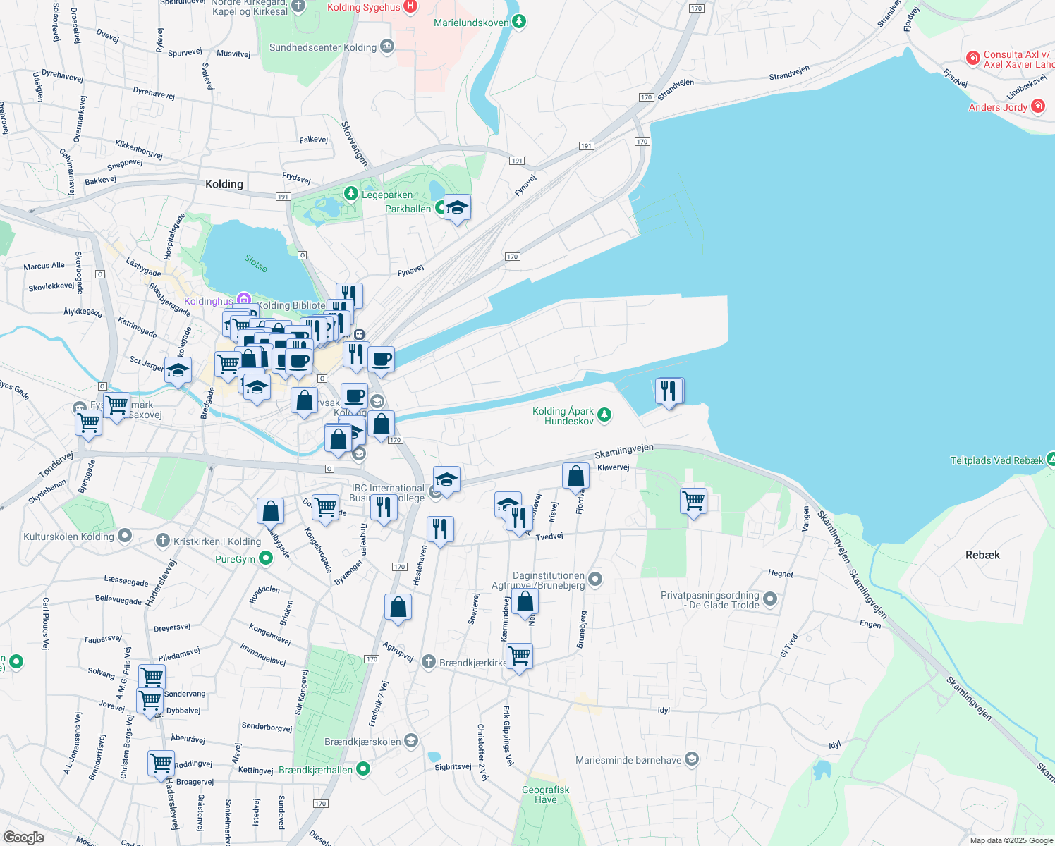 map of restaurants, bars, coffee shops, grocery stores, and more near in Kolding