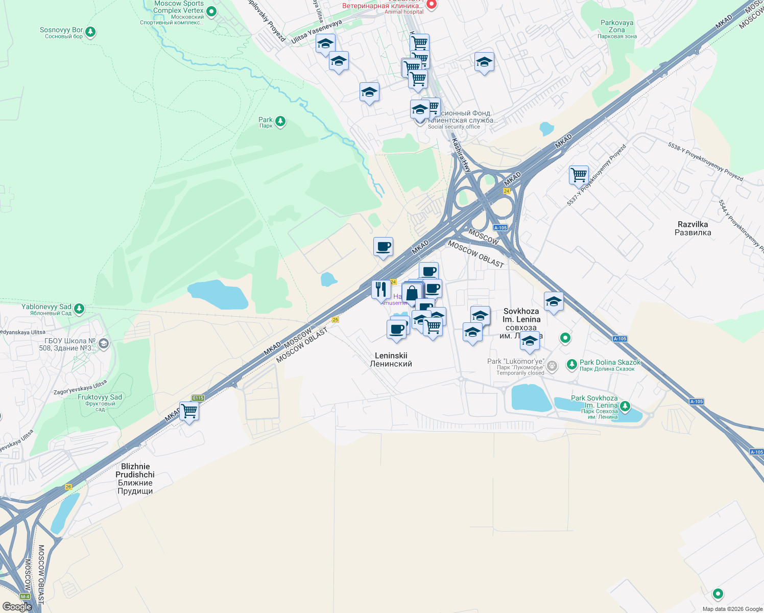 map of restaurants, bars, coffee shops, grocery stores, and more near Moskovskaya Koltsevaya Avtomobilnaya Doroga in Moskva