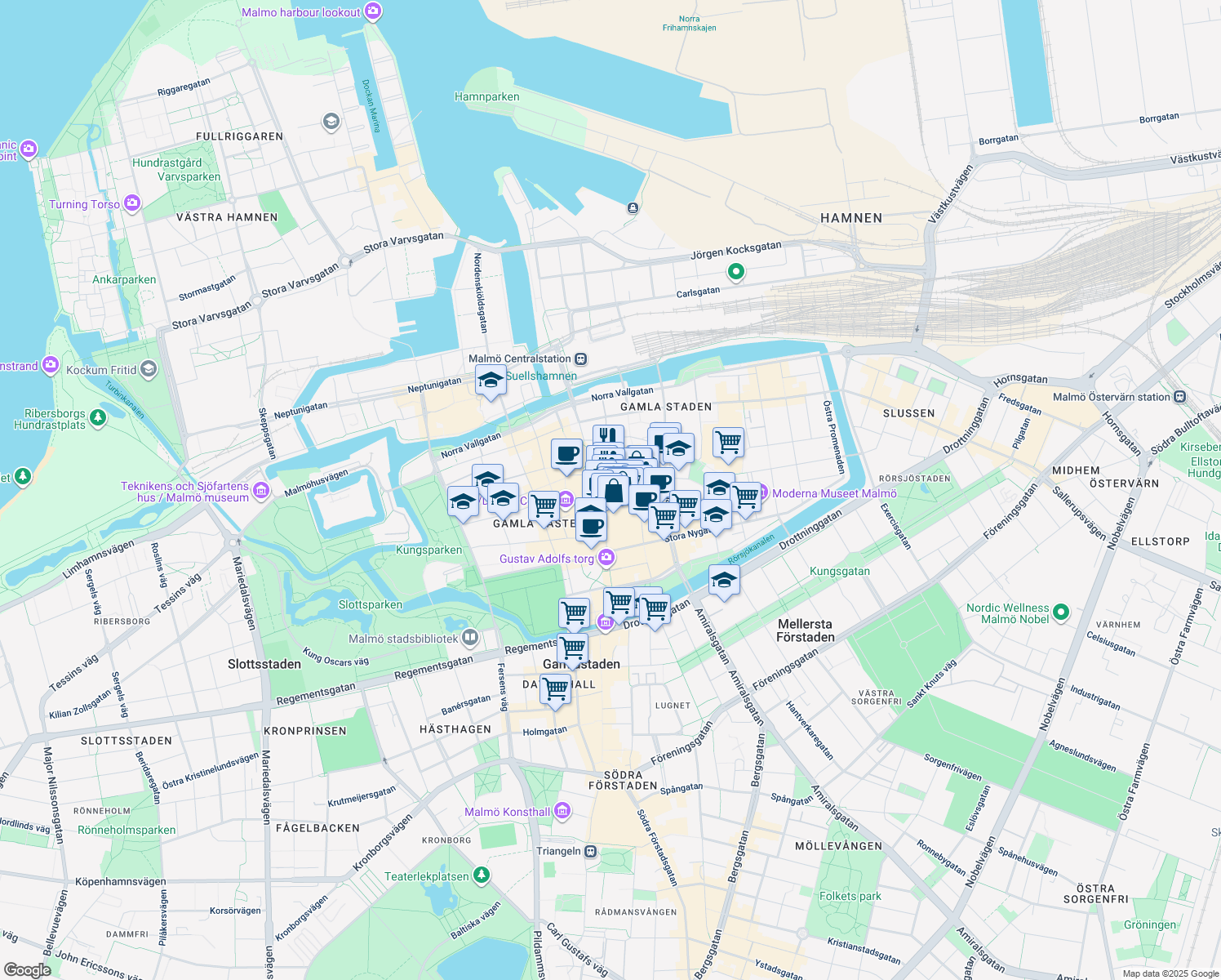 map of restaurants, bars, coffee shops, grocery stores, and more near 14 Södergatan in Malmö