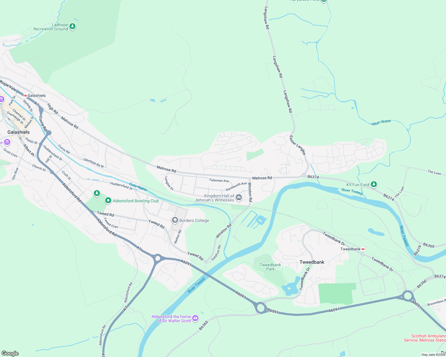 map of restaurants, bars, coffee shops, grocery stores, and more near 43 Talisman Avenue in Scottish Borders