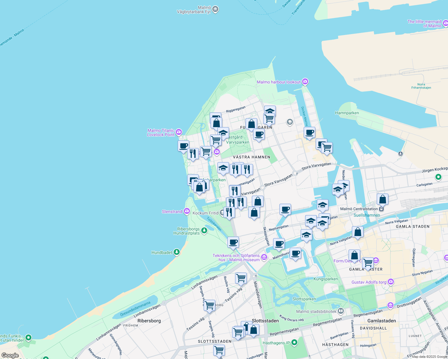 map of restaurants, bars, coffee shops, grocery stores, and more near 10 Västra Varvsgatan in Malmö