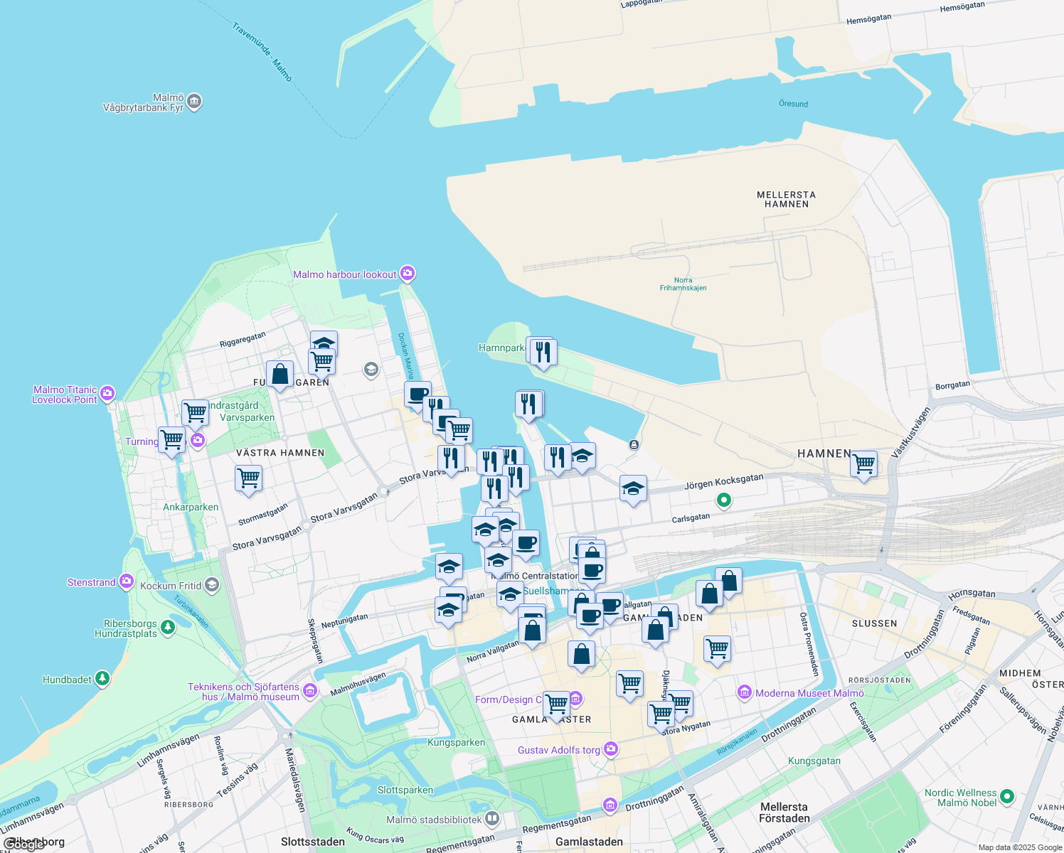 map of restaurants, bars, coffee shops, grocery stores, and more near 1A ÅNGBÅTSBRON in Malmö
