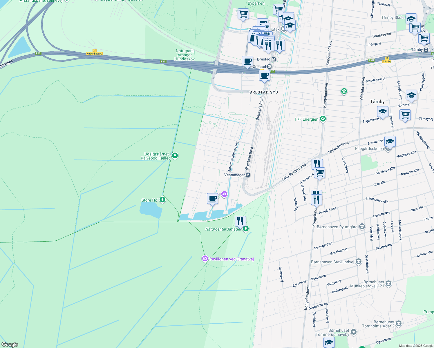 map of restaurants, bars, coffee shops, grocery stores, and more near in København