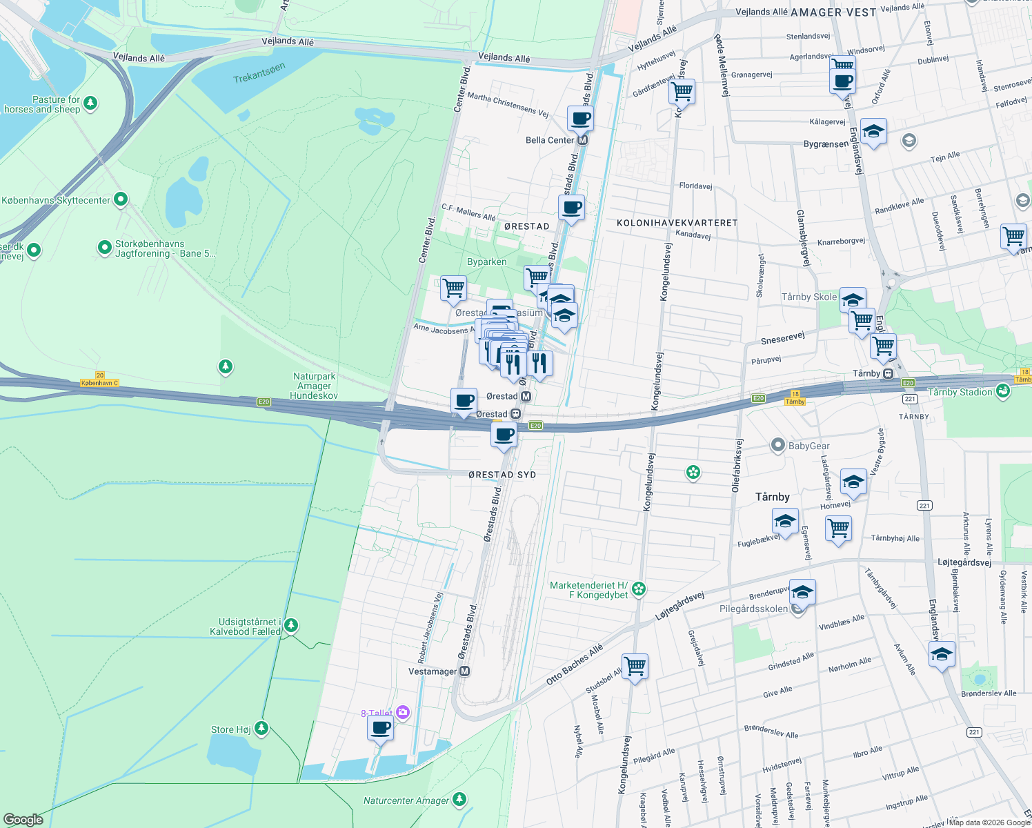 map of restaurants, bars, coffee shops, grocery stores, and more near in København