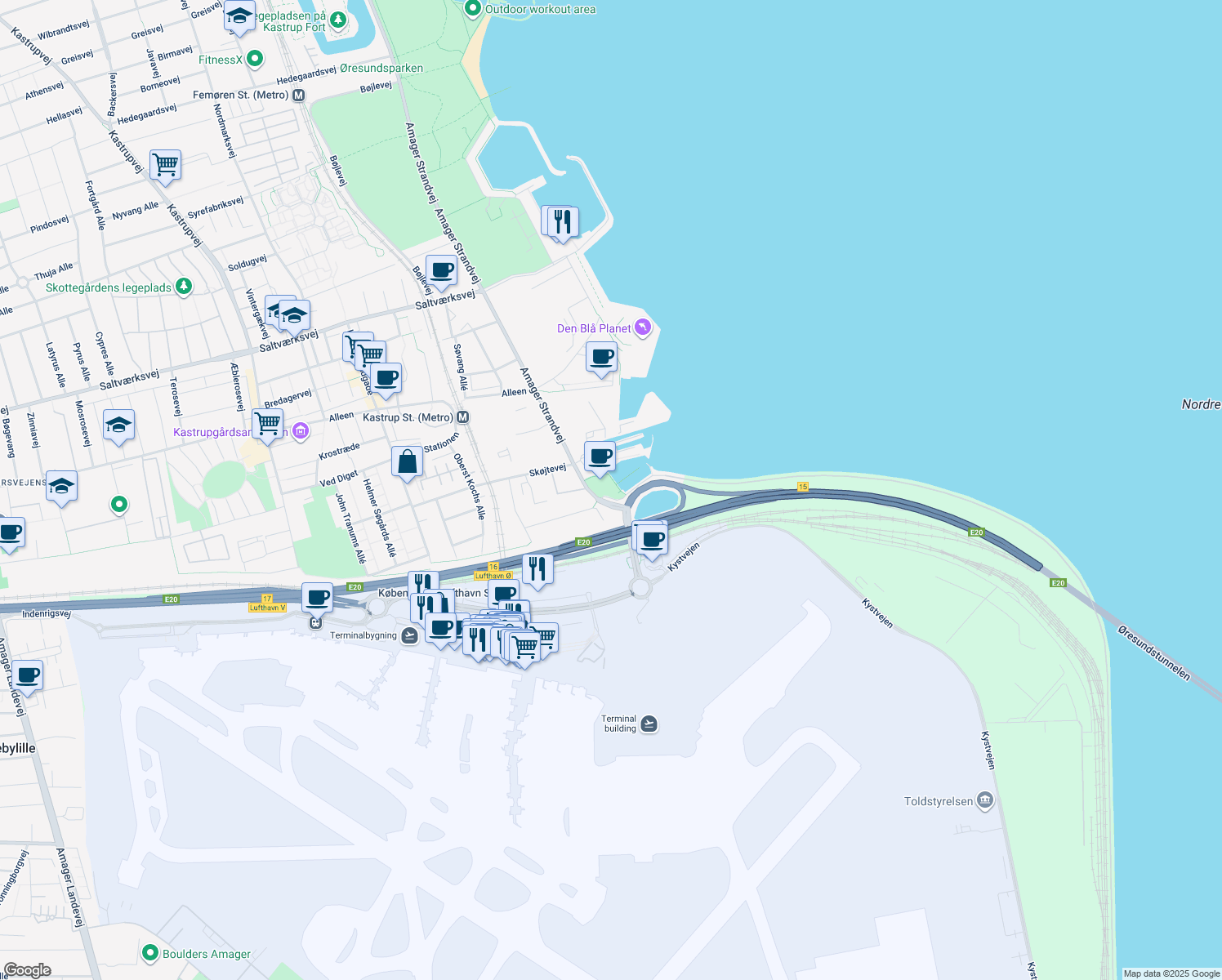map of restaurants, bars, coffee shops, grocery stores, and more near in Kastrup