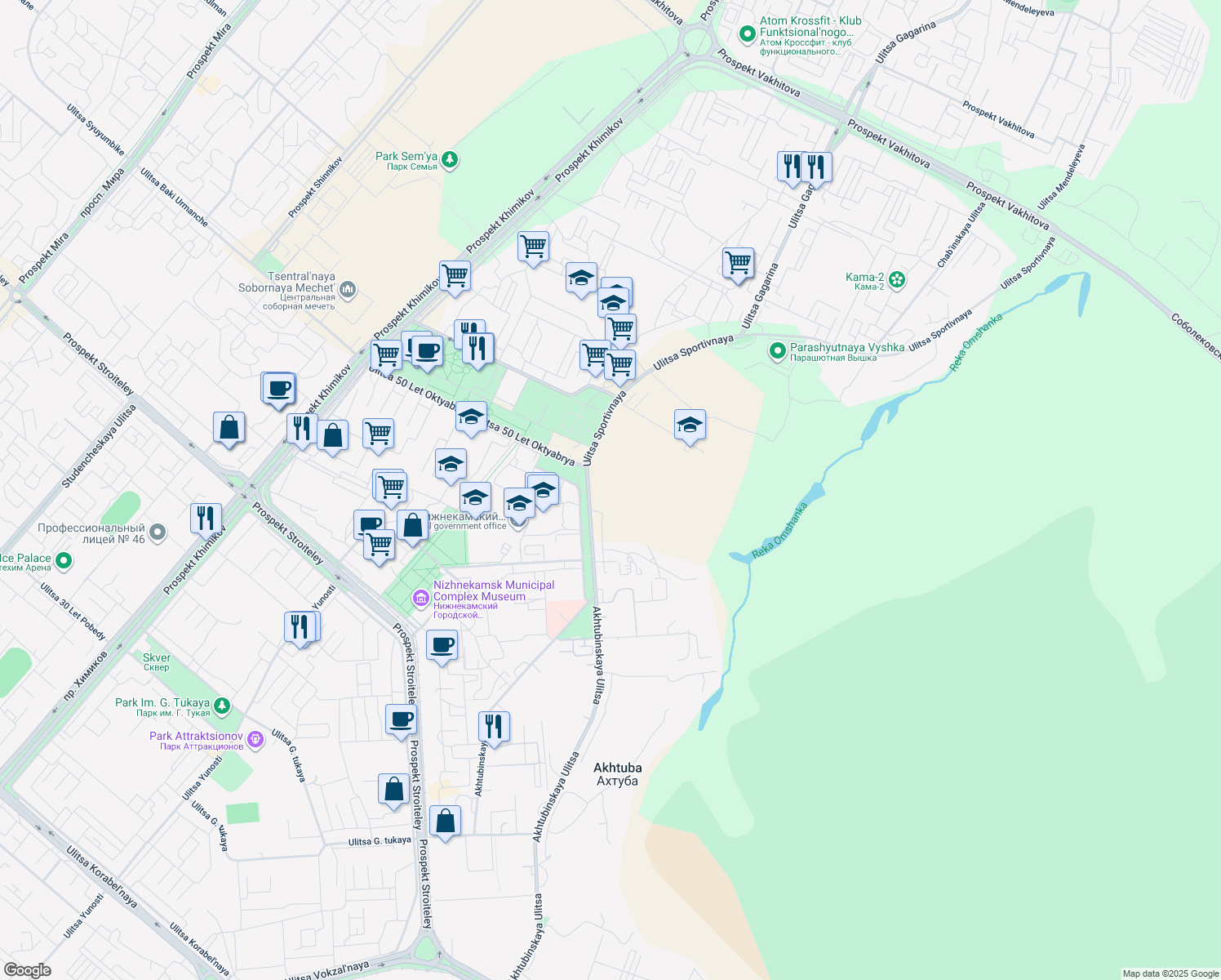 map of restaurants, bars, coffee shops, grocery stores, and more near in Nizhnekamsk