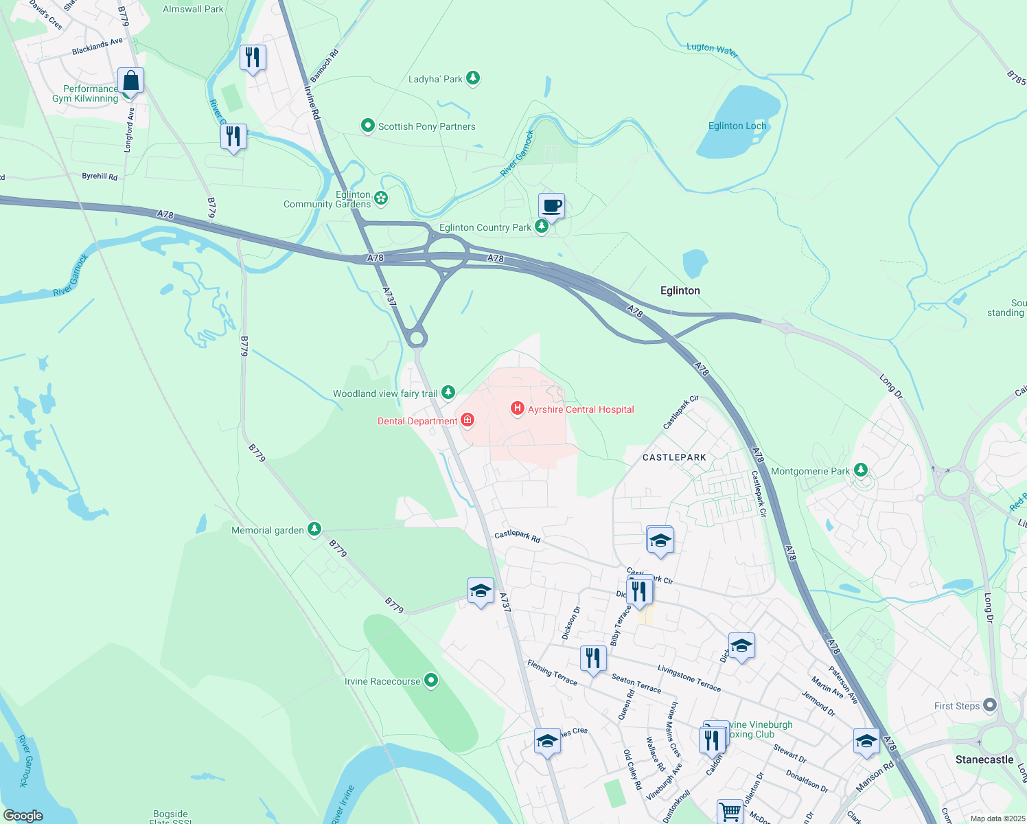 map of restaurants, bars, coffee shops, grocery stores, and more near Kilwinning Road in North Ayrshire Council