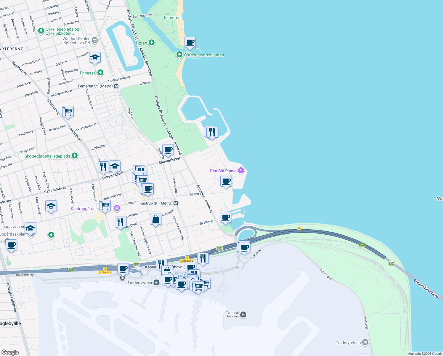 map of restaurants, bars, coffee shops, grocery stores, and more near Kajakvej in Kastrup
