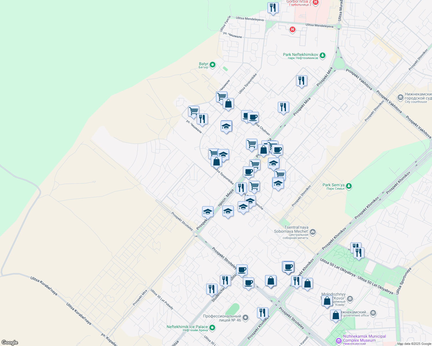 map of restaurants, bars, coffee shops, grocery stores, and more near in Nizhnekamsky District