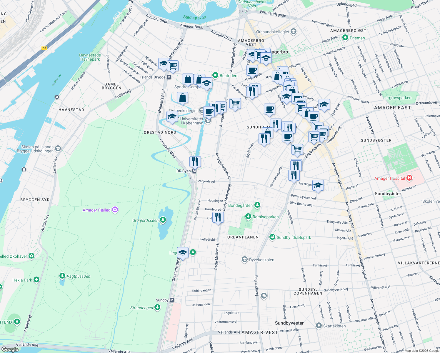 map of restaurants, bars, coffee shops, grocery stores, and more near in København