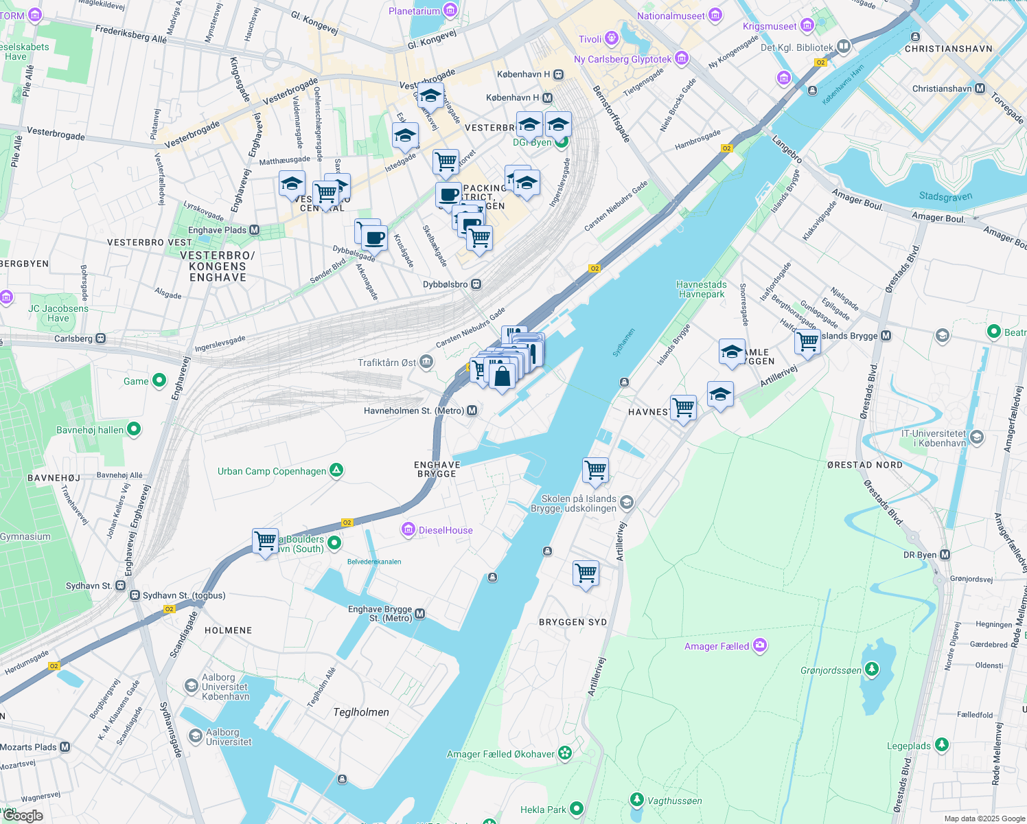 map of restaurants, bars, coffee shops, grocery stores, and more near in København