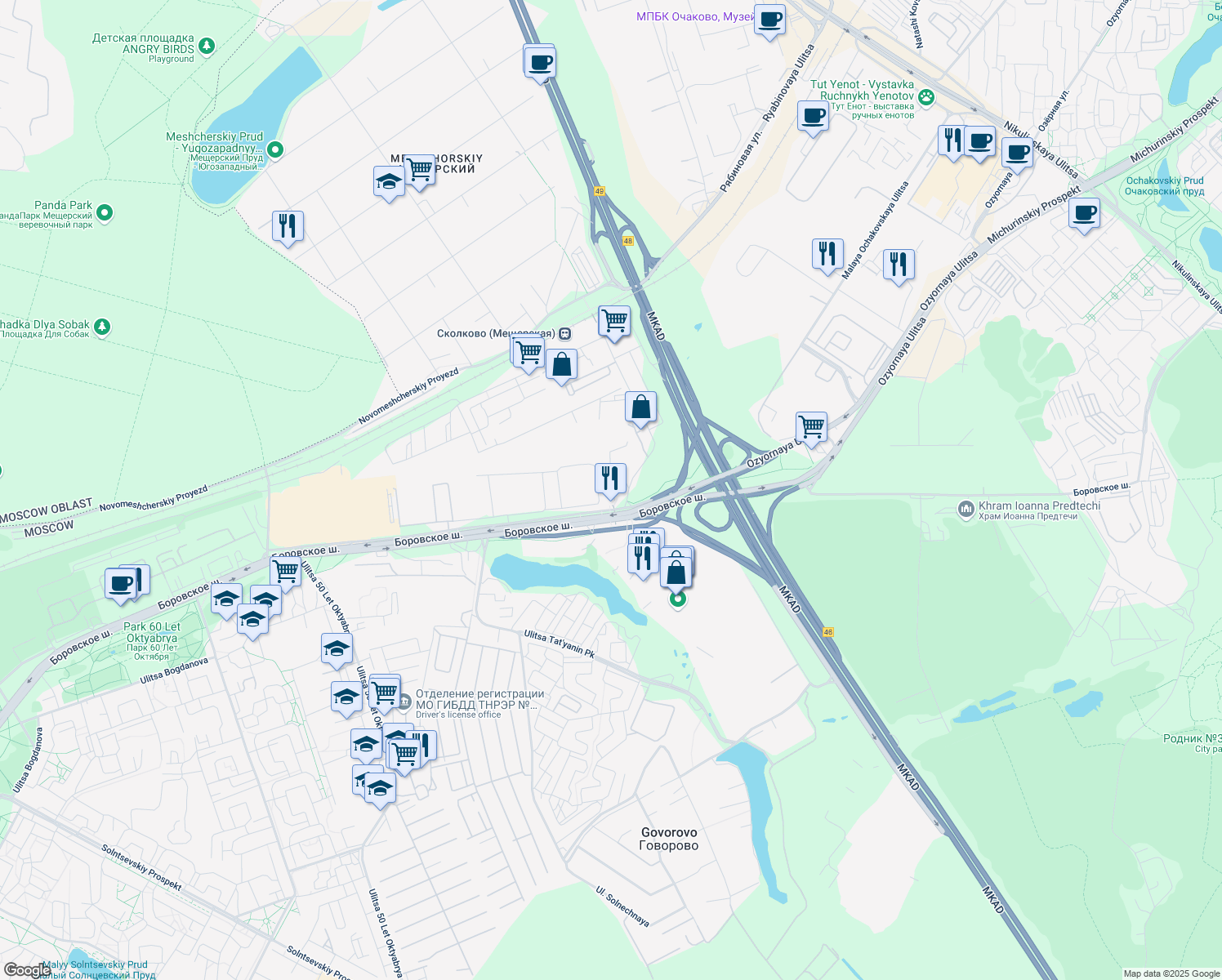 map of restaurants, bars, coffee shops, grocery stores, and more near in Moskva