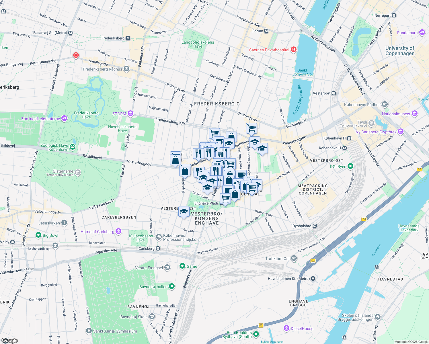 map of restaurants, bars, coffee shops, grocery stores, and more near in København