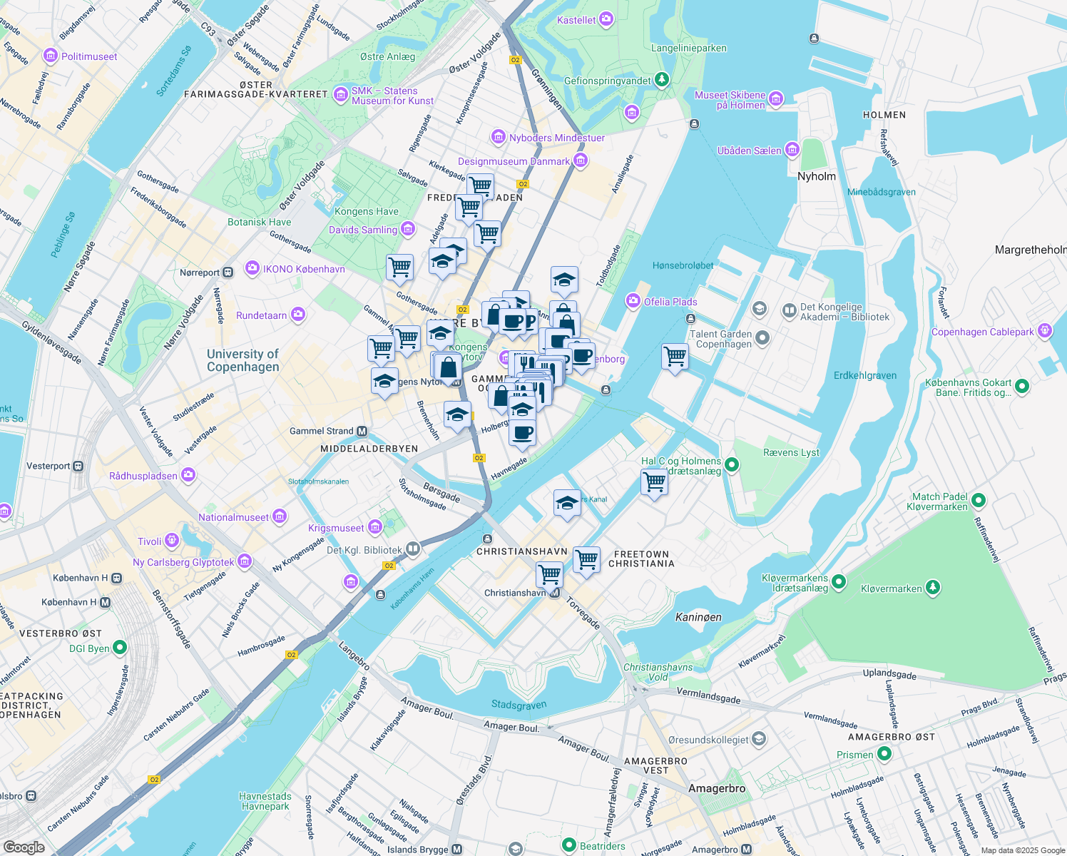 map of restaurants, bars, coffee shops, grocery stores, and more near in København
