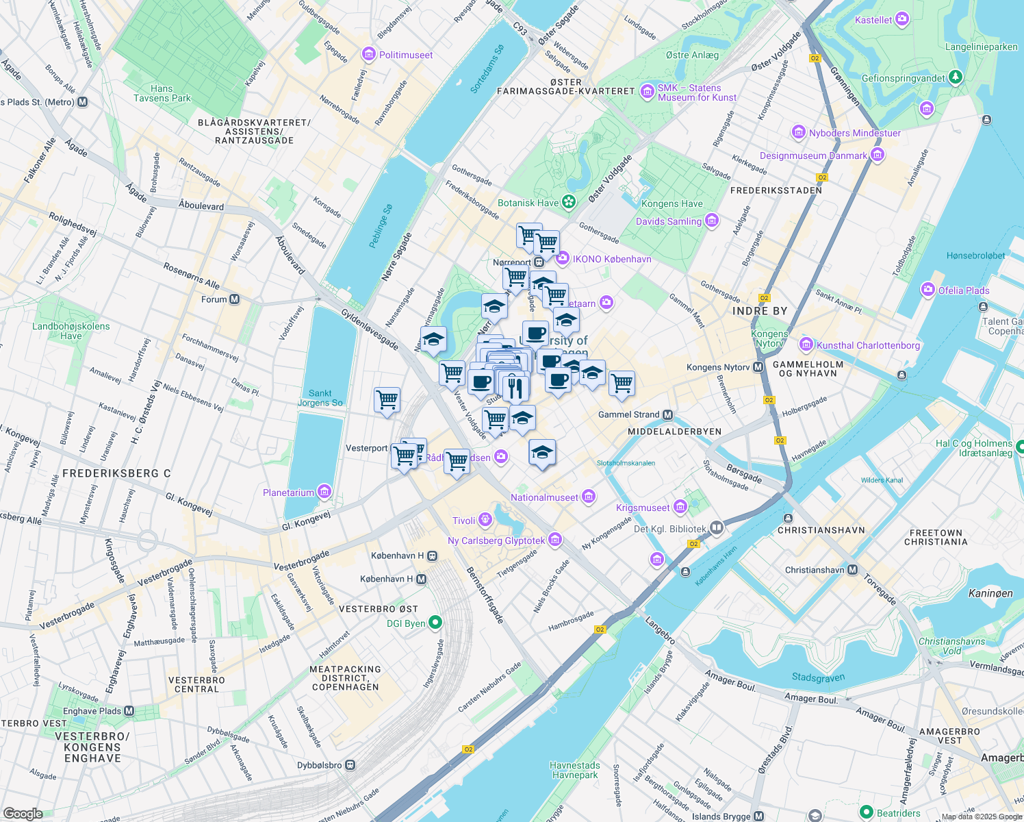 map of restaurants, bars, coffee shops, grocery stores, and more near 3 Larsbjørnsstræde in Copenhagen