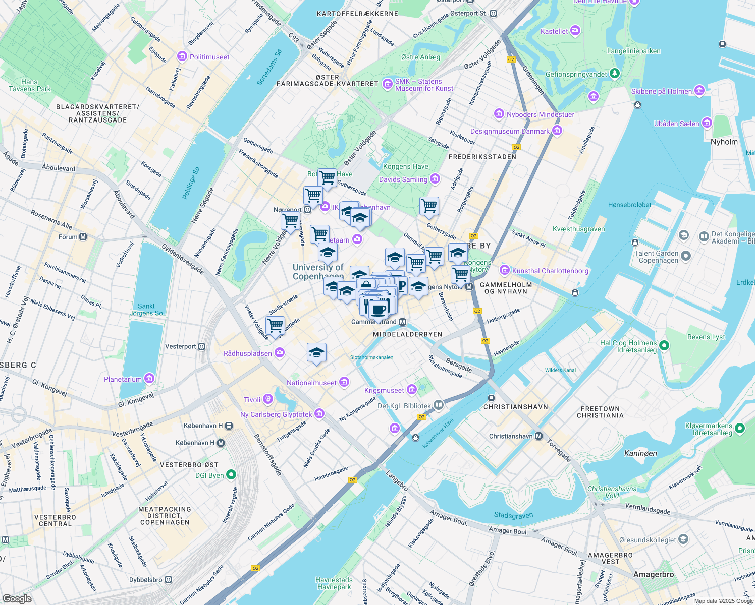 map of restaurants, bars, coffee shops, grocery stores, and more near in København