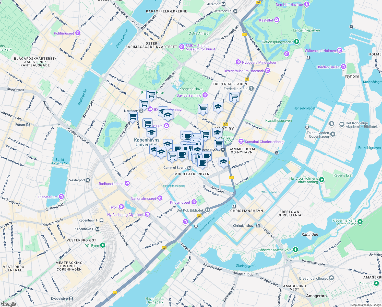 map of restaurants, bars, coffee shops, grocery stores, and more near in København