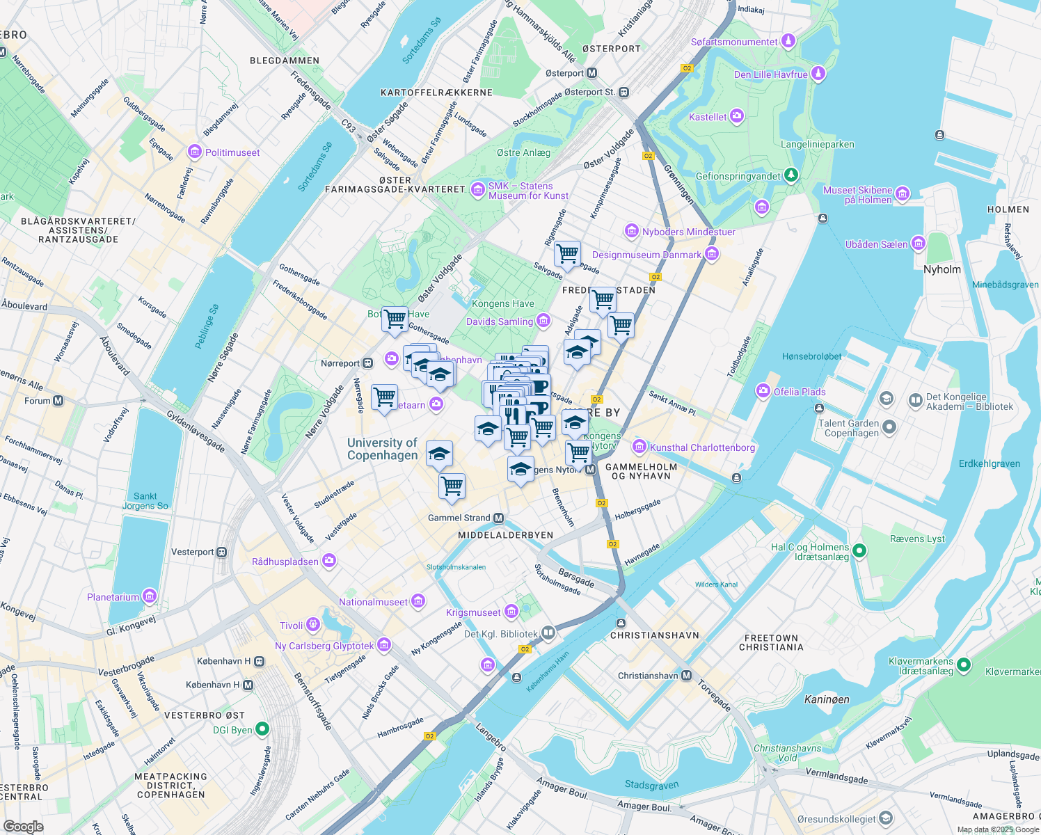 map of restaurants, bars, coffee shops, grocery stores, and more near in København