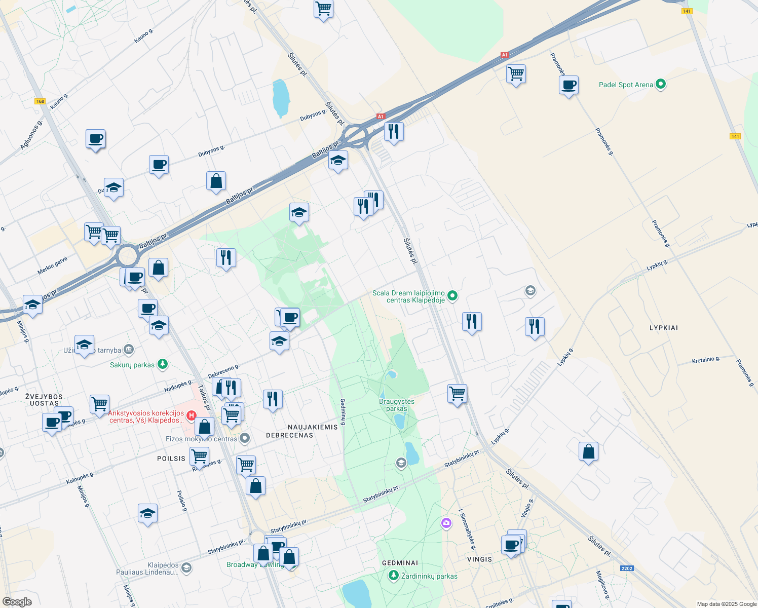 map of restaurants, bars, coffee shops, grocery stores, and more near in Klaipėda