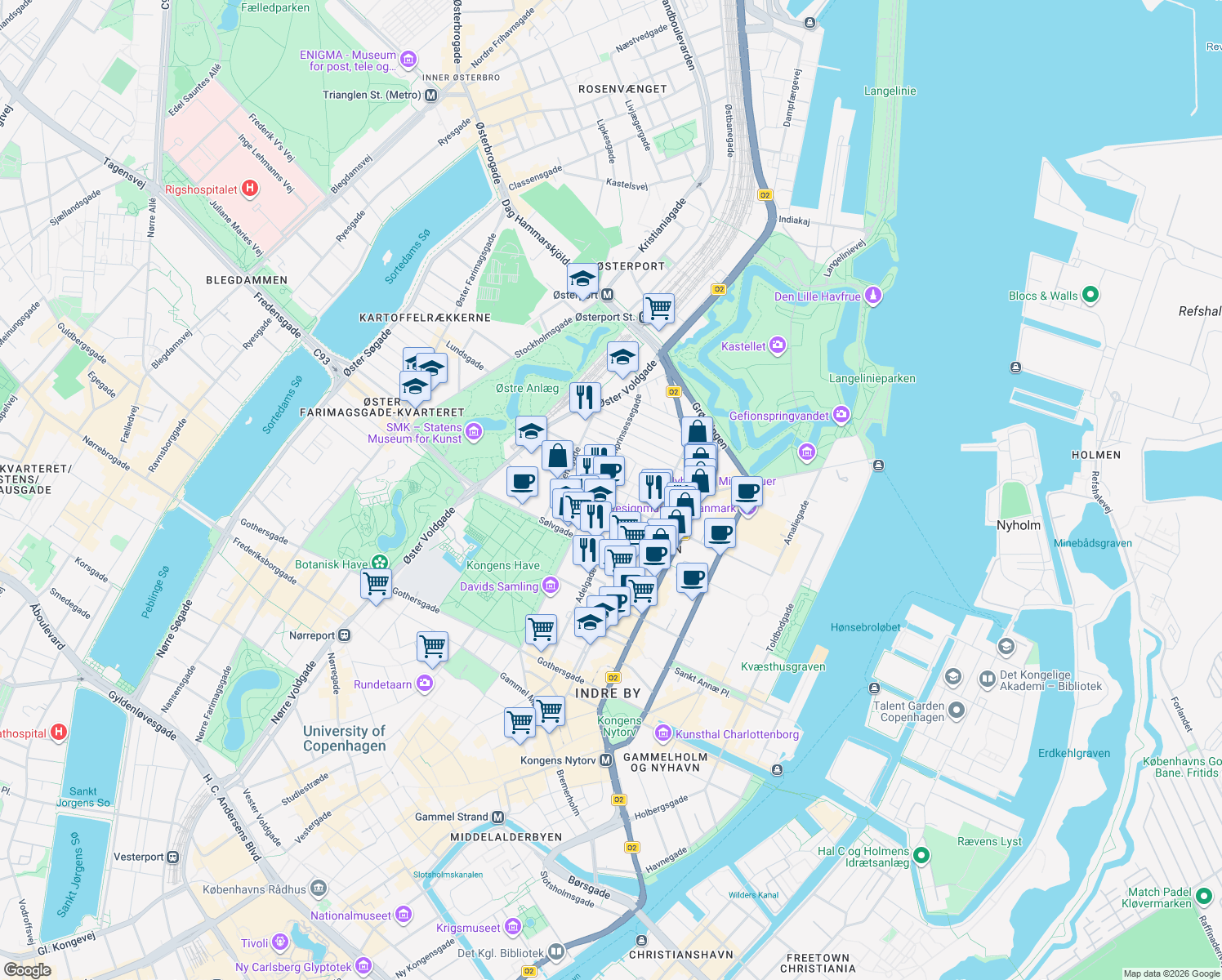 map of restaurants, bars, coffee shops, grocery stores, and more near 45 Olfert Fischers Gade in Copenhagen