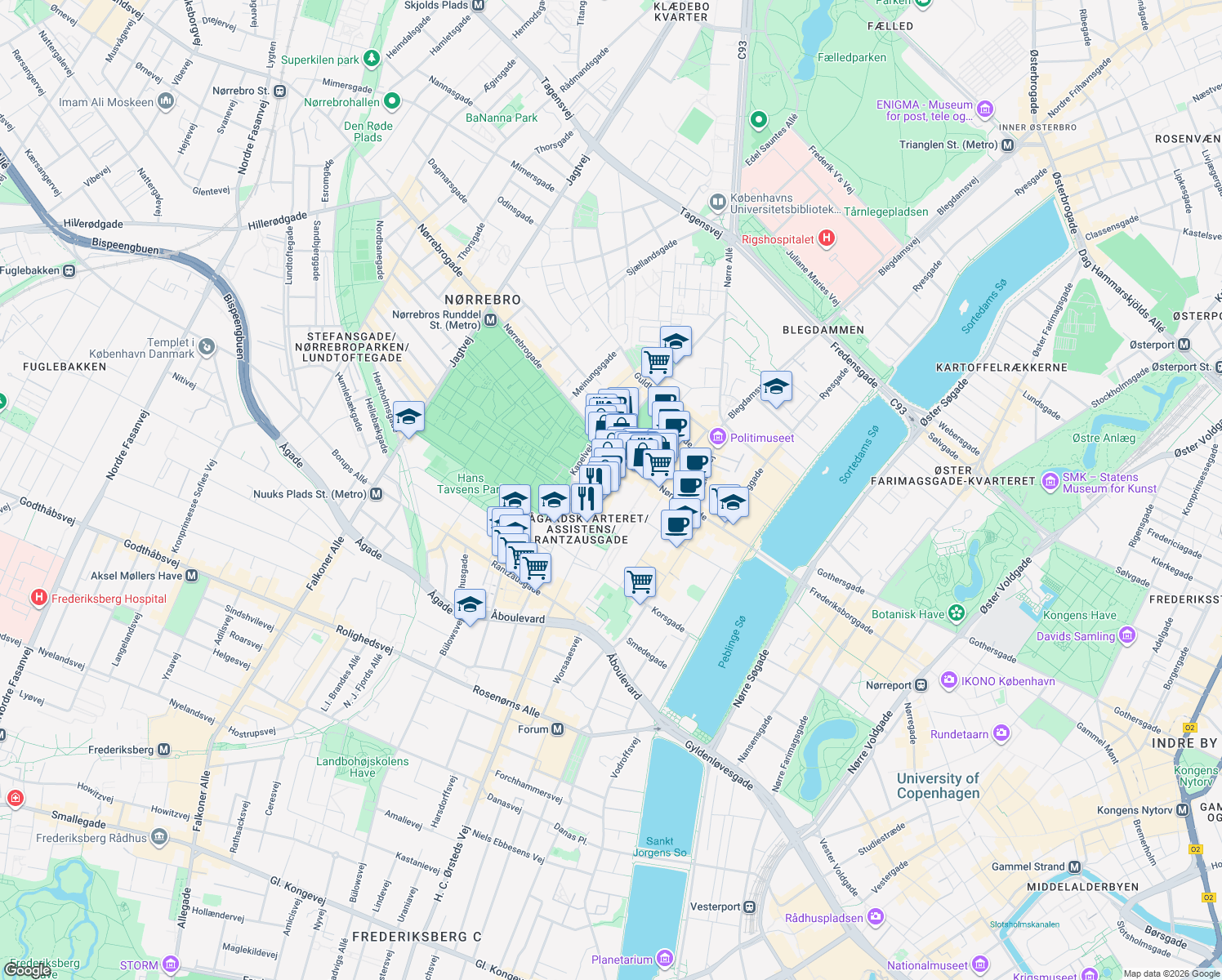 map of restaurants, bars, coffee shops, grocery stores, and more near 7 Griffenfeldsgade in Copenhagen