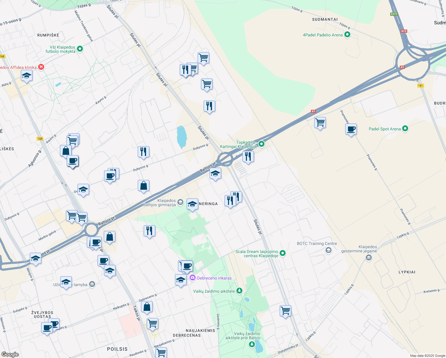map of restaurants, bars, coffee shops, grocery stores, and more near in Klaipeda
