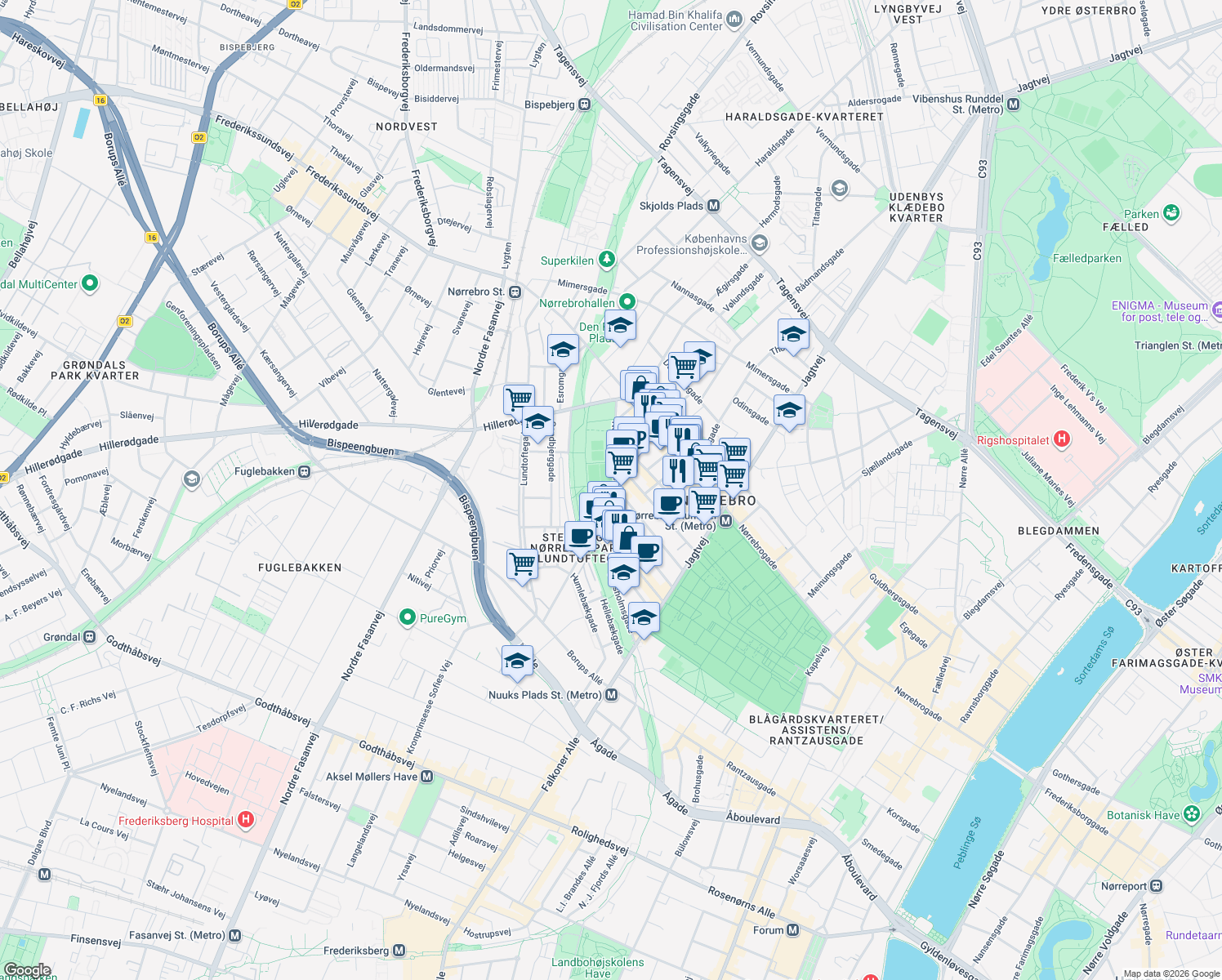 map of restaurants, bars, coffee shops, grocery stores, and more near 24 Stefansgade in Copenhagen