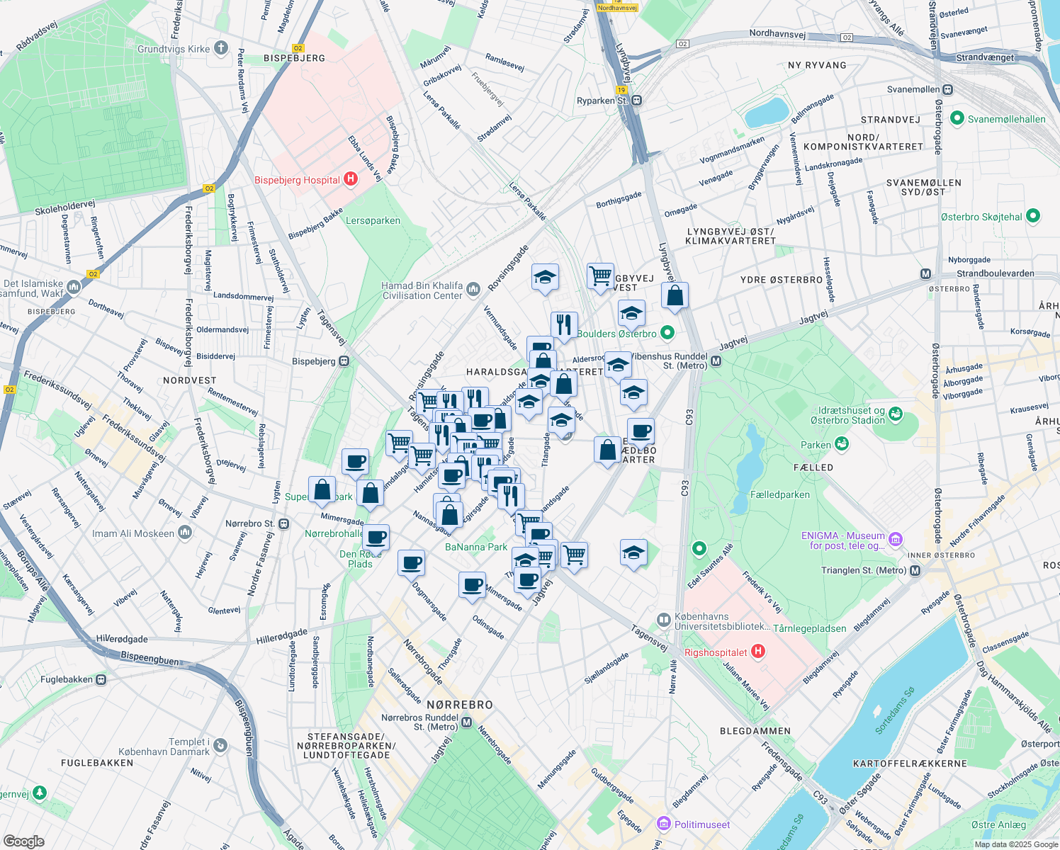 map of restaurants, bars, coffee shops, grocery stores, and more near 9 Titangade in Copenhagen