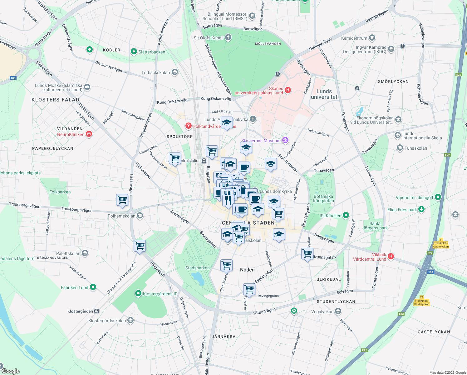 map of restaurants, bars, coffee shops, grocery stores, and more near in Lund