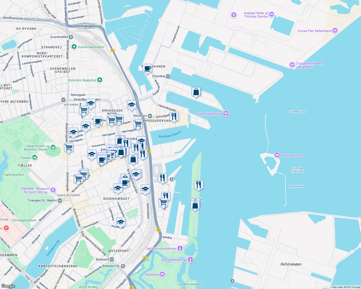 map of restaurants, bars, coffee shops, grocery stores, and more near in København