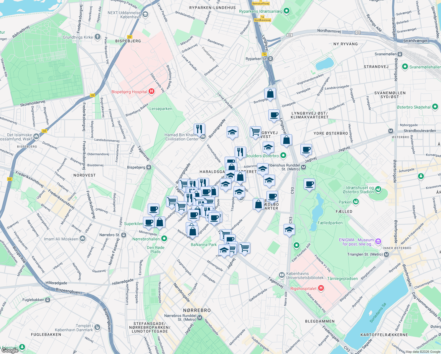 map of restaurants, bars, coffee shops, grocery stores, and more near 41 Haraldsgade in Copenhagen