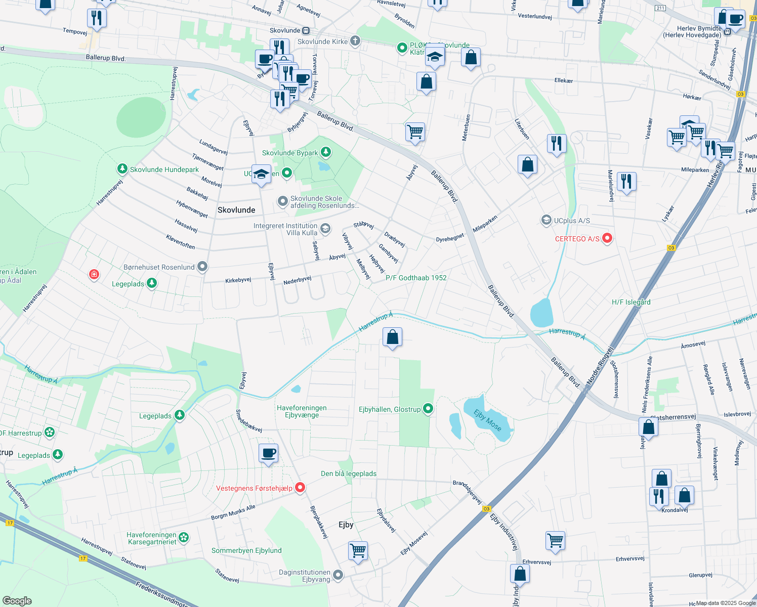 map of restaurants, bars, coffee shops, grocery stores, and more near in Skovlunde