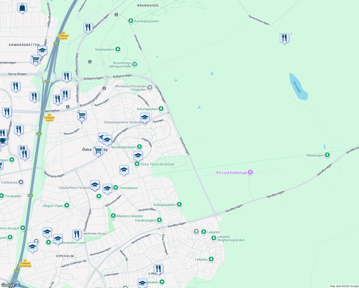 map of restaurants, bars, coffee shops, grocery stores, and more near in Lund